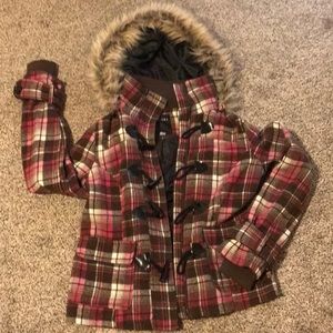 Pink and brown coat.